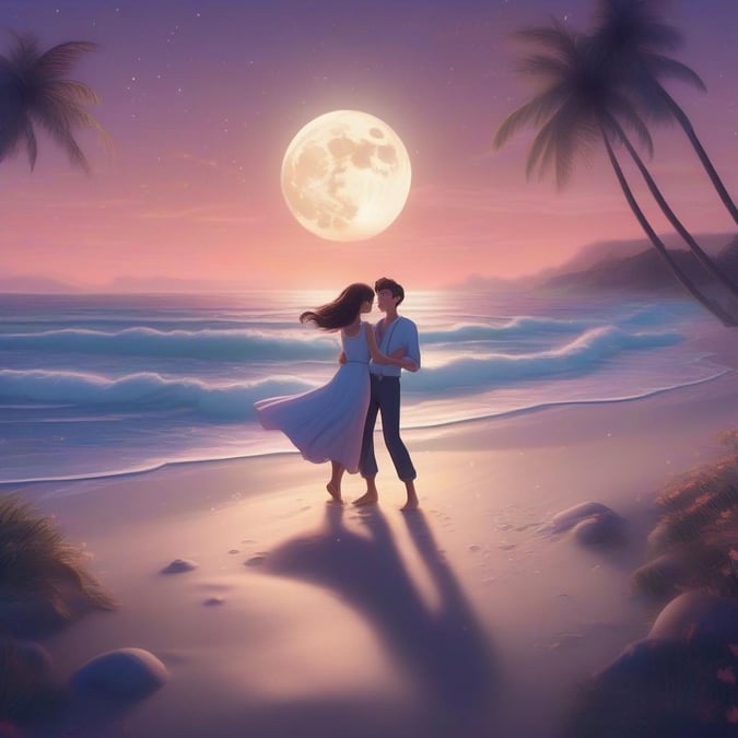 A charming cartoon couple enjoys a romantic dance on a tropical beach at sunset, basking in the moon's gentle glow.