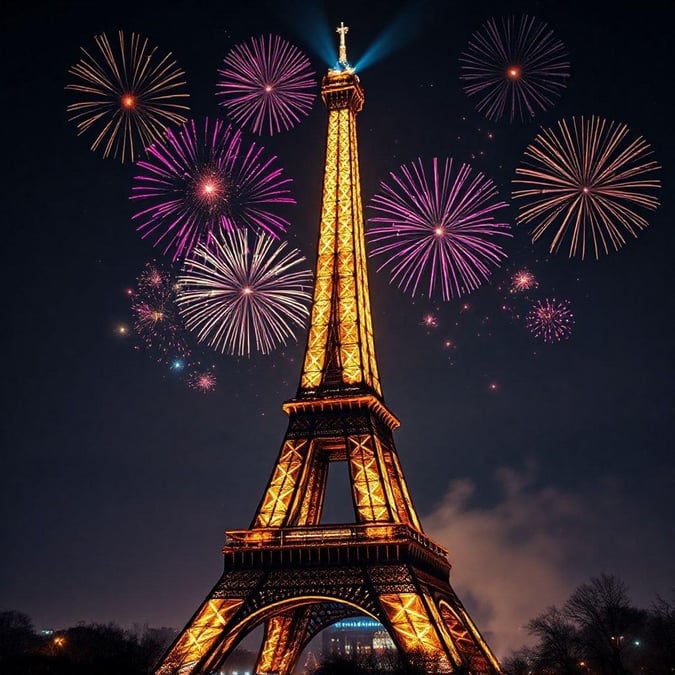 Ring in the new year with a stunning view of the Eiffel Tower, a symbol of Paris and French culture. This image captures the magic of New Year's Eve in the City of Light, with fireworks illuminating the night sky and the iconic tower standing tall.