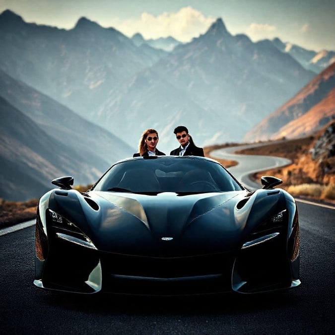 This image captures the essence of luxury and sophistication, featuring a sleek sports car and a stylish couple in the mountains.