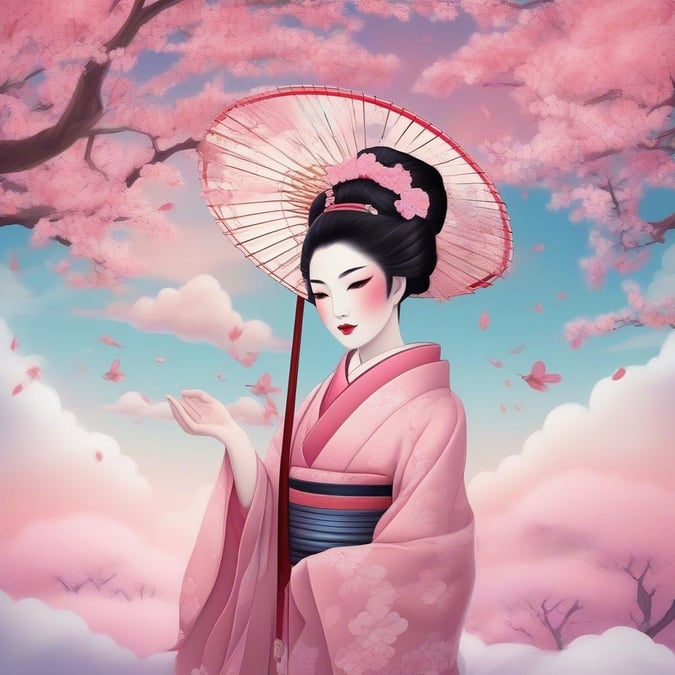 Dyk ner i en drömlik värld med denna fantastiska anime geisha bakgrund. Delikat och detaljerad svävar geishan bland körsbärsträd och en livlig rosa himmel, vilket fångar en harmonisk balans mellan natur och fantasi.