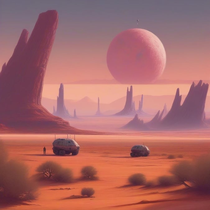 An extraterrestrial scene of otherworldly beauty, featuring a barren desert landscape with strange rock formations under a vibrant alien sky where two planets are visible.