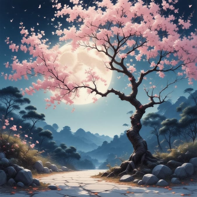 Immerse yourself in the serene beauty of this anime-style illustration, where a cherry blossom tree blooms under the gentle light of a full moon in a tranquil Japanese garden.