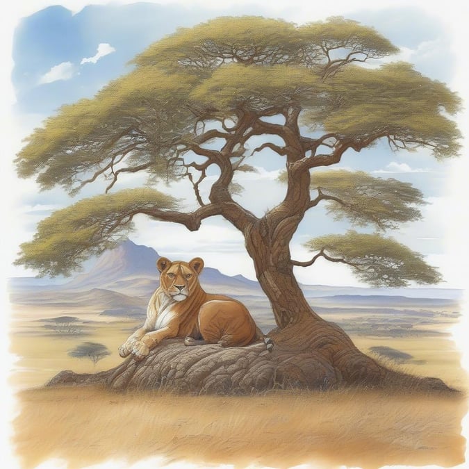 A serene scene of a lioness taking a break under the shade of a tree in the vast savannah, capturing the beauty of wildlife in its natural habitat.