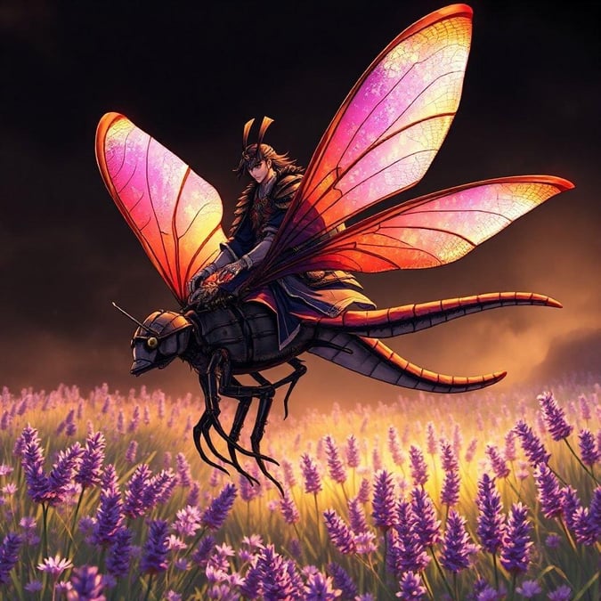 This stunning anime illustration captures the essence of a majestic samurai warrior riding a dragonfly through a field of lavender. The warm light and vibrant colors bring the scene to life, showcasing the warrior's powerful presence and the intricate details of the dragonfly's body.