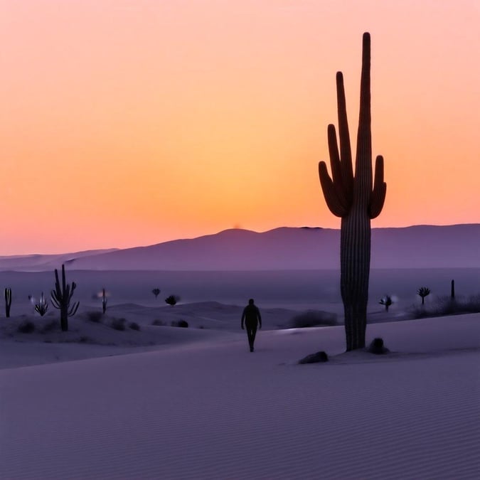 Feel the serene transition from day to night with this captivating silhouette of a desert landscape at sunset. A lone figure stands in quiet reflection against the majestic backdrop of towering saguaro cacti under the radiant colors of the sky.