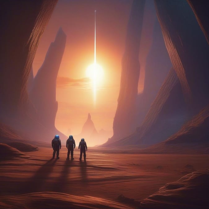 Explore the wonders of the cosmos with this stunning sci-fi landscape wallpaper, featuring astronauts in a futuristic environment.