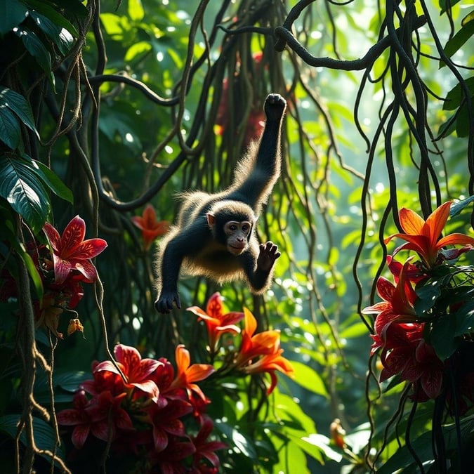 This beautiful wallpaper features a monkey swinging through the jungle, surrounded by lush greenery and vibrant flowers. The monkey's playful expression and agile movements capture the essence of its natural habitat.