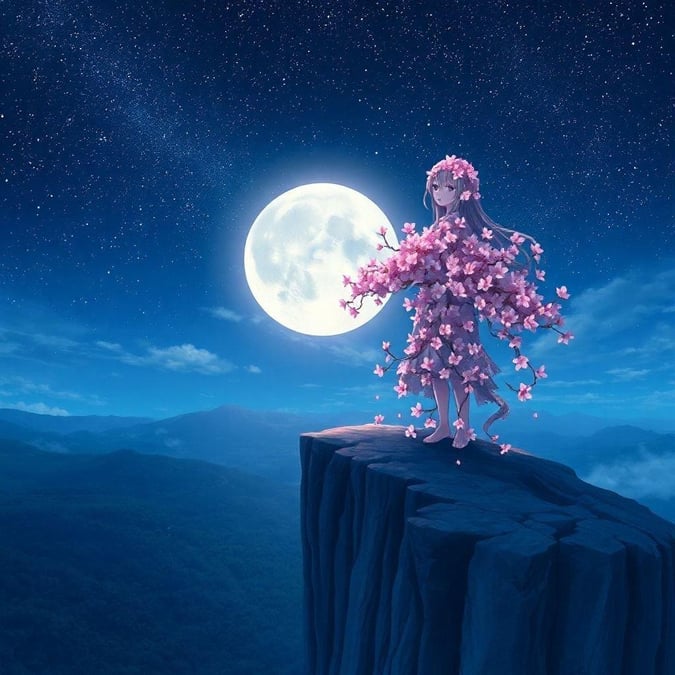 A serene and captivating anime illustration of a girl made entirely of cherry blossoms, standing on the edge of a cliff overlooking a vast starry sky.