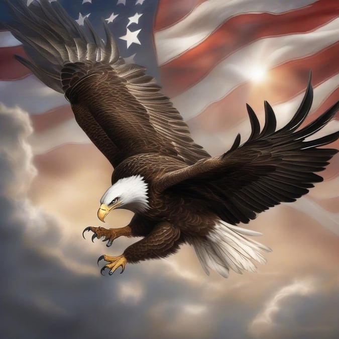 This American eagle wallpaper captures the spirit of Independence Day, with a majestic bird in flight against an American flag backdrop.