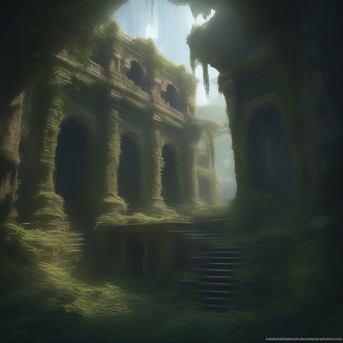 This fantasy wallpaper features an ancient, moss-covered building, evoking a sense of mystery and wonder.