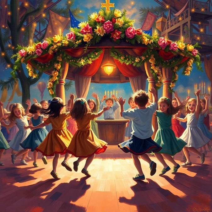 A lively scene of children joyfully dancing around the menorah at a festive Hanukkah gathering.