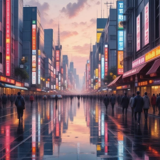 En livlig og detaljeret digital illustration, der fanger et futuristisk Tokyo-gadeskærm ved solnedgang. Det våde fortov reflekterer gløden fra neonlysene, mens fodgængere tilføjer liv til scenen. Et øjeblik af ro i bylivets travlhed.