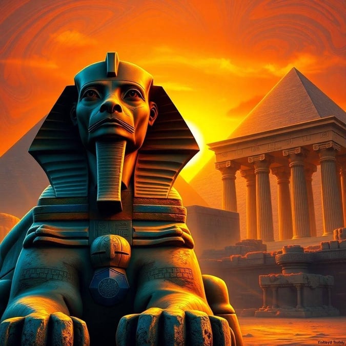 Embrace the majesty of ancient Egypt with this stunning wallpaper. The powerful pharaoh sits atop a pedestal, overlooking the famous pyramids and obelisks under a radiant sunrise. This image is a celebration of Egypt's rich history and architectural prowess.