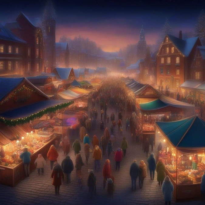 Bustling crowds walk through the snowy streets lined with holiday lights, enjoying festive Christmas markets. The scent of mulled wine and freshly baked gingerbread fills the air. A picturesque winter scene perfect for cozy evenings.