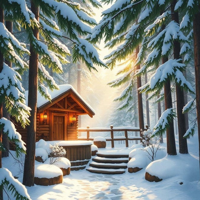 A cozy cabin nestled among tall snow-covered trees, evoking a sense of warmth and tranquility amidst the cold winter landscape.