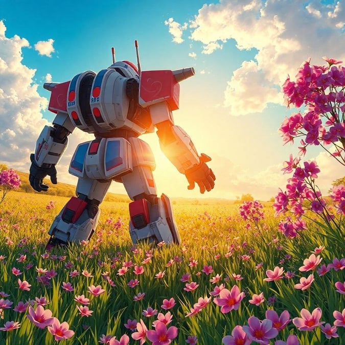 This anime-style wallpaper features a giant robot standing in a field of flowers, with a red and blue pattern on its back. The robot's arms are outstretched, and the sun is setting behind it, casting a warm glow over the scene. The field is filled with pink and purple flowers, adding a pop of color to the image. The light blue sky with white clouds completes the serene atmosphere of the scene.