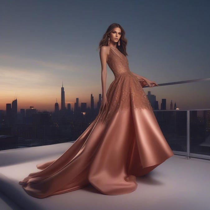 Une femme dans une robe magnifique pose devant une silhouette de ville, dégageant luxe et élégance.