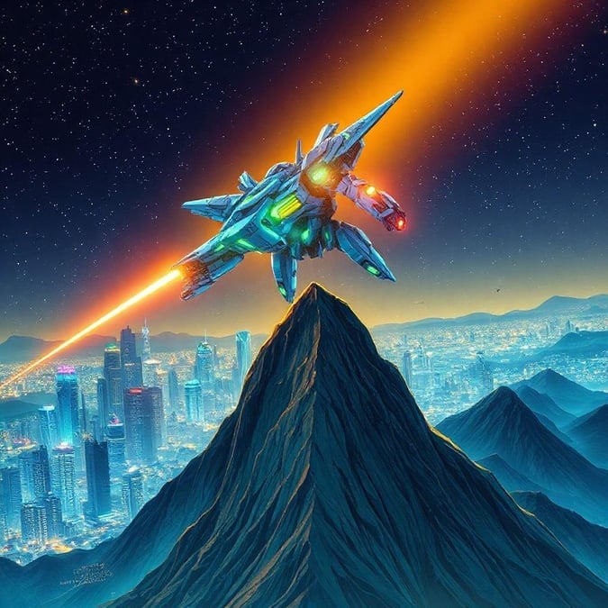 This wallpaper features a futuristic mecha flying through the night sky, with a cityscape and mountain in the background, creating an Anime-like effect.