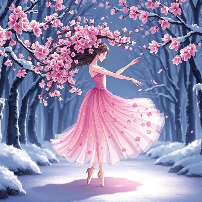 This enchanting wallpaper features an anime-style ballerina gracefully dancing among cherry blossoms in a winter wonderland. Her flowing pink dress and delicate white skirt contrast with the dark background, while her hair cascades like a waterfall, adding to the dynamic nature of the scene. The frozen forest serves as a serene backdrop for this harmonious display.