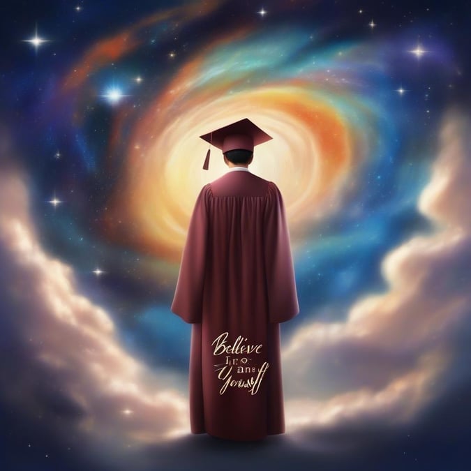 Embracing the milestone of graduation, this inspiring image captures a new beginning with a student robed in academic regalia, standing on a cosmic stage against a backdrop of a galaxy. The message 'Believe in yourself' is a powerful reminder to trust your abilities and pursue your dreams.