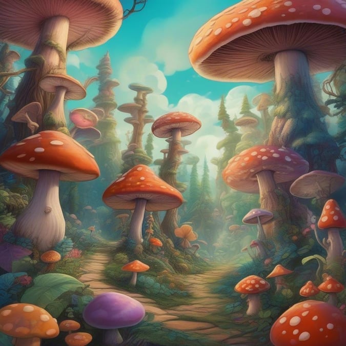 Join the magical creatures in this whimsical mushroom forest, home to the most fantastical fungi. Explore the lush landscape as you discover hidden paths and enchanted dwellings in this mystical realm.