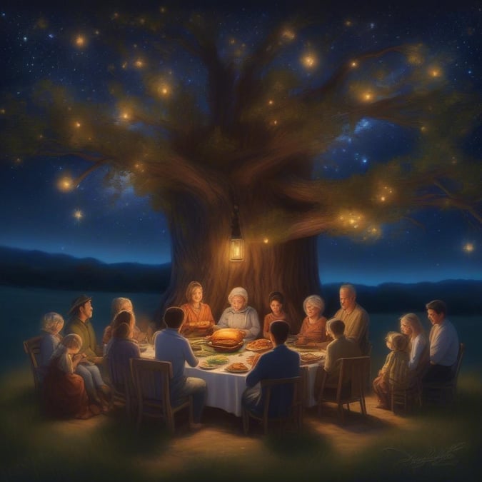 Gather 'round the table for a Thanksgiving feast like no other. Under the starry night sky, family and friends come together to give thanks and enjoy a delicious meal.