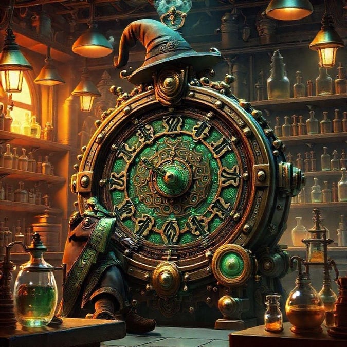 A steampunk wizard sits amidst a clockwork masterpiece in their laboratory, guarding the passage of time.