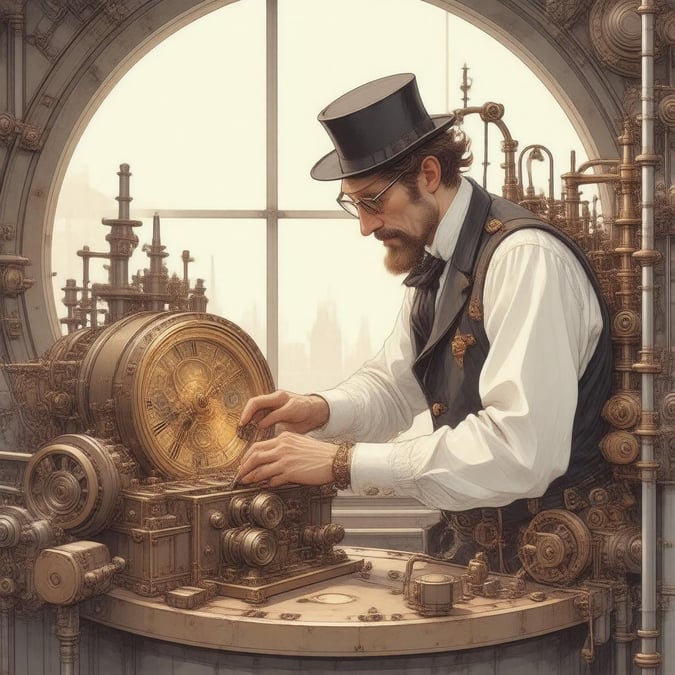 Adéntrate en el mundo imaginativo del steampunk con este cautivador fondo de pantalla, que presenta a un brillante inventor rodeado de intrincados mecanismos y maquinaria.