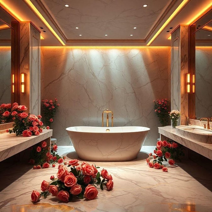 A luxurious bathroom with high-end design elements, featuring a freestanding bathtub adorned with red roses, and modern fixtures.