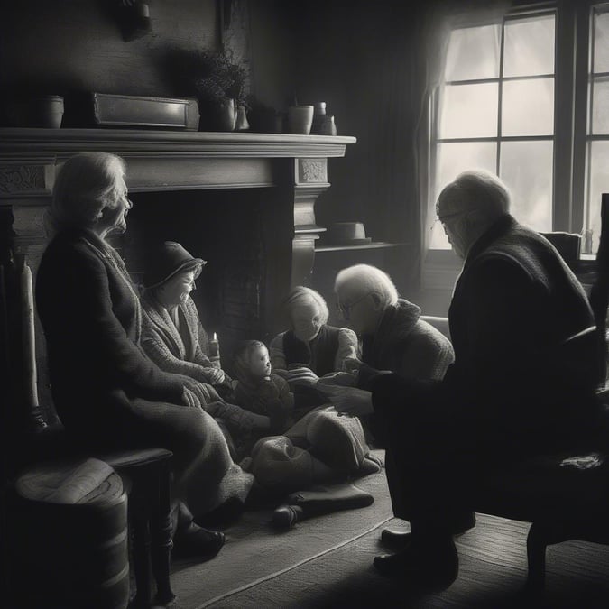 An elderly family gathering around, sharing stories and warmth by the fire.