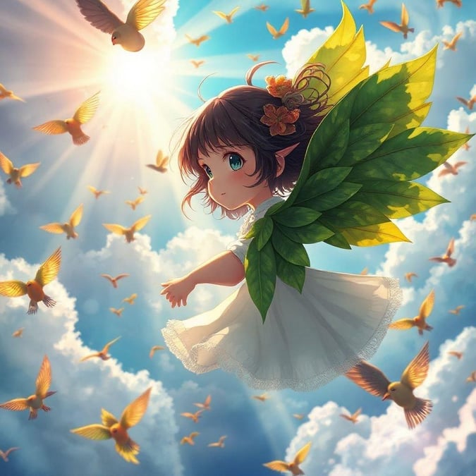 A charming scene with an anime-style cherub spreading her wings to fly amidst a flock of colorful birds, set against the backdrop of a beautiful sunset.