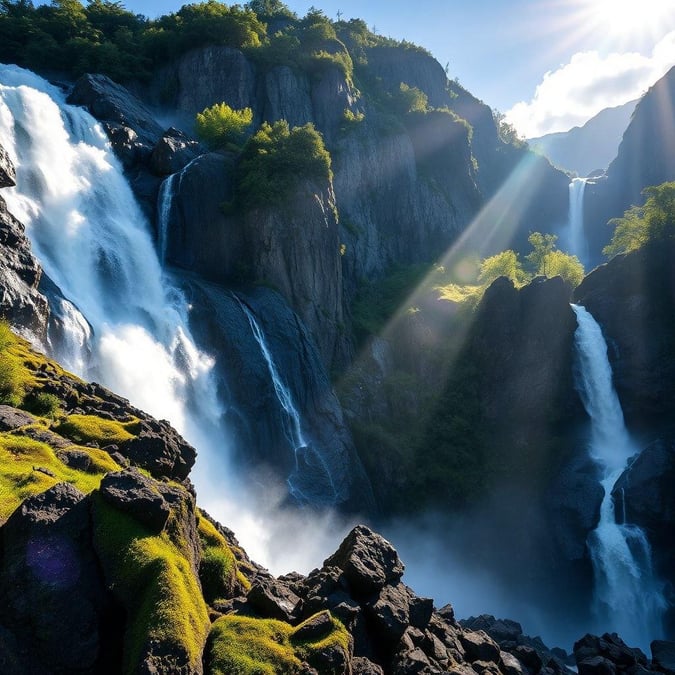 This image captures the breathtaking beauty of a waterfall nestled in the heart of a mountain range. The crystal-clear water cascades down the rocky cliffside, creating a misty veil that adds to the serene atmosphere. The surrounding landscape is lush and green, with trees and foliage thriving in the moist environment. The sun shines down on the scene, casting dappled shadows and highlighting the vibrant colors of the natural world.