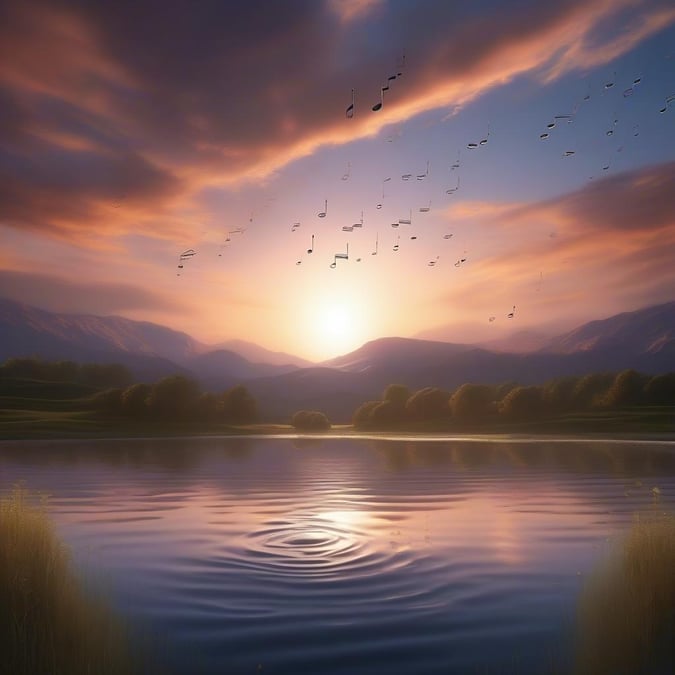 A musician strums his guitar as the sun goes down over a serene lake, with birds taking flight in the background.