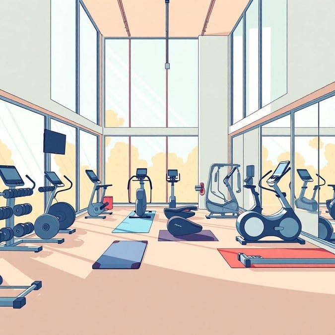 An aerial view of a well-equipped gym, featuring cardio machines and strength training equipment. A great space for maintaining fitness goals.