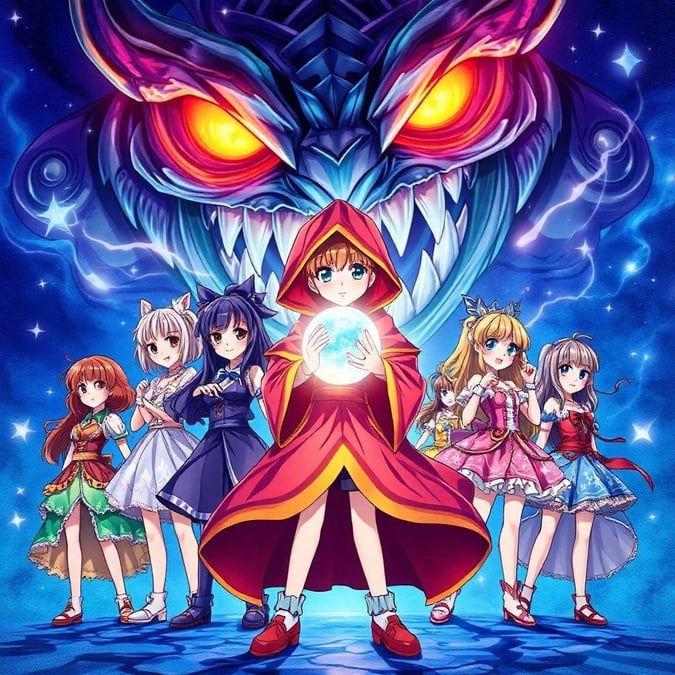 A group of magical girls battle an otherworldly entity in this dynamic anime illustration.