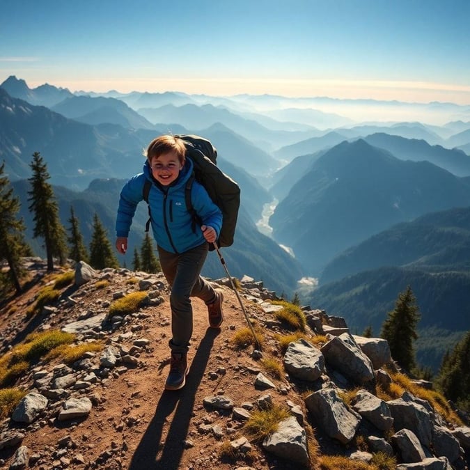 A father and son enjoying a hike on Father's Day, surrounded by breathtaking views and lush greenery.