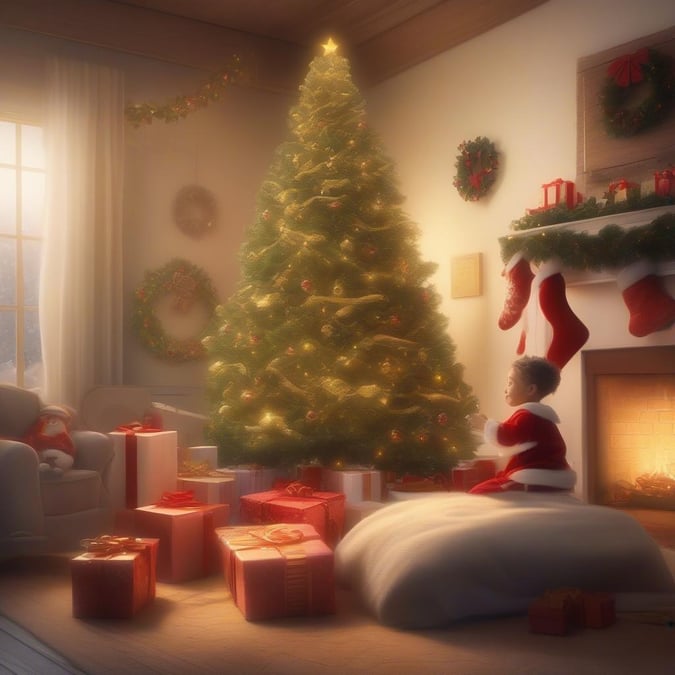 A warm and inviting Christmas scene featuring a beautifully decorated tree, presents, and a child in a Santa suit, perfect for the holiday season.