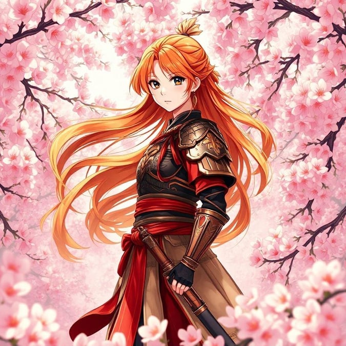 This wallpaper features a young samurai standing in a sea of cherry blossoms, with her vibrant orange and yellow hair contrasting the pink and white blossoms.