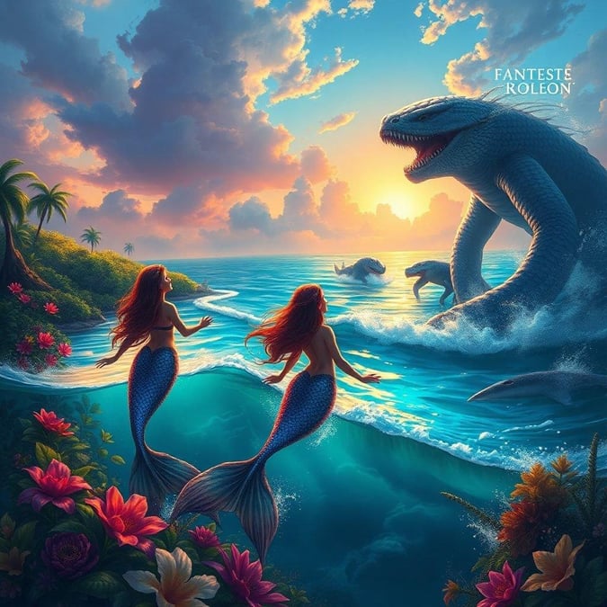 In a world where magic is real, two mermaids grace the serene waters as a fearsome sea monster watches from the deep.