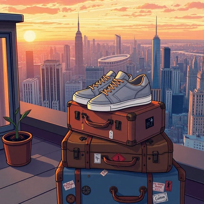 Vibrant city skyline with iconic skyscrapers silhouetted against the warm glow of a sunset. Stacks of luggage, including suitcases and duffel bags, hint at travel or relocation to the city. On top of the luggage are high-top sneakers, symbolizing adventure, exploration, or preparing for an urban journey. The image evokes feelings of anticipation and the excitement of setting foot in a new place. Perfect desktop wallpaper for those who love cities, travel, and fashion.