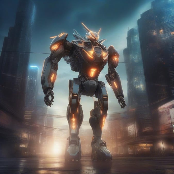 A towering robot stands as the central figure against a backdrop of futuristic skyscrapers, hinting at an epic adventure in a dystopian world where science and nature coexist.