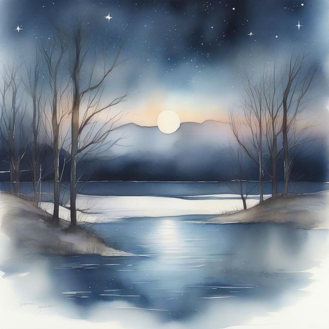 A serene nighttime scene by a still lake, with a full moon casting its glow on the tranquil waters.