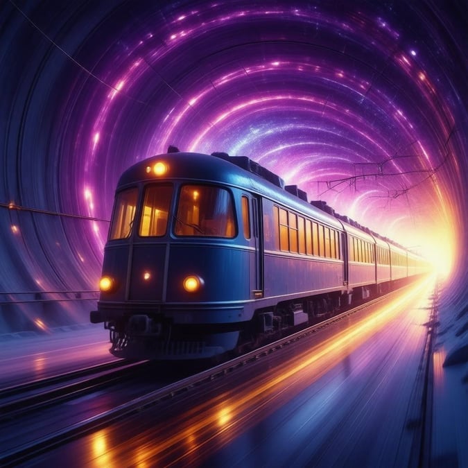 Dieser von Anime inspirierte Hintergrund zeigt einen futuristischen Zug, der durch einen Tunnel mit wirbelnden lila Aurora rast, und schafft eine dynamische und energetische Szene, die die Vorstellungskraft anregt.