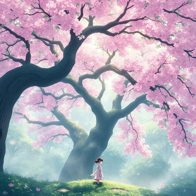 In this tranquil scene from an anime-style illustration, a woman is surrounded by a lush green forest under the blooming branches of a majestic cherry blossom tree. The misty setting adds to the dreamy atmosphere, making it a perfect background for any computer or phone desktop.