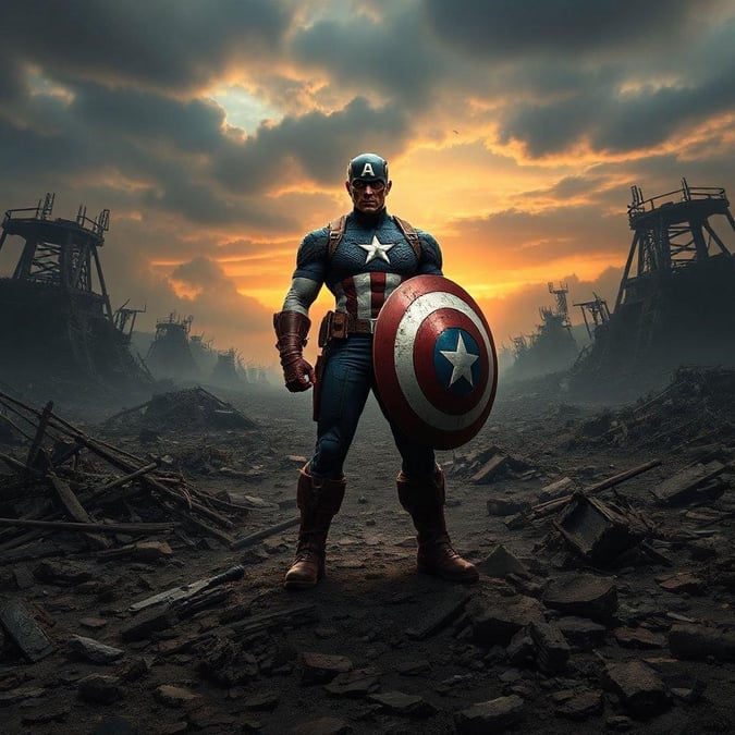 The Avenger stands amidst the aftermath of conflict, his patriotic uniform glowing against the encroaching dusk.