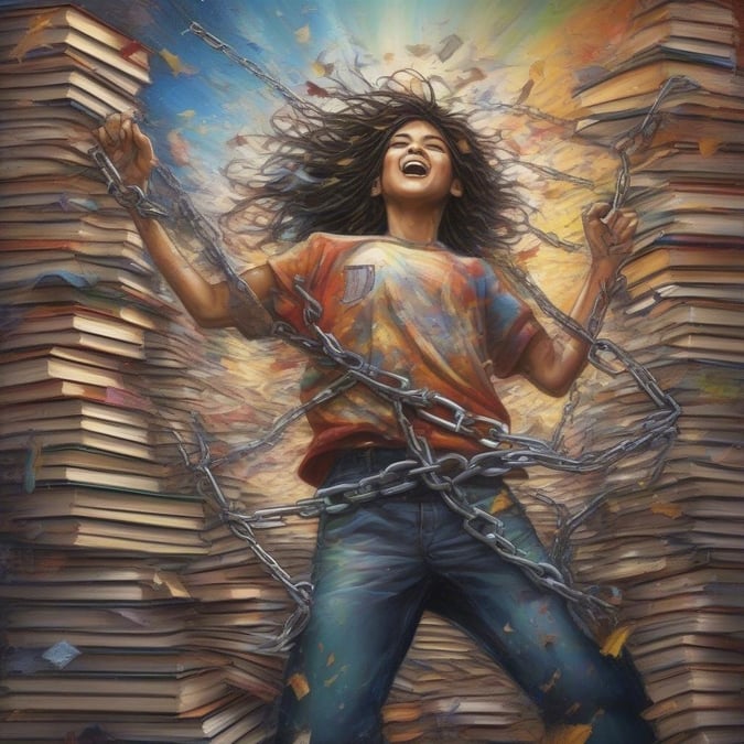 This vibrant wallpaper captures the essence of academic success, featuring a woman tied up in books, symbolizing the joy and accomplishment of graduation day.