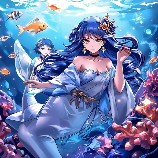 This anime-style illustration features a beautiful mermaid swimming through a vibrant coral reef, surrounded by a school of sparkling fish. The mermaid's elegant white robe and gold earrings add a touch of sophistication to the underwater scene.