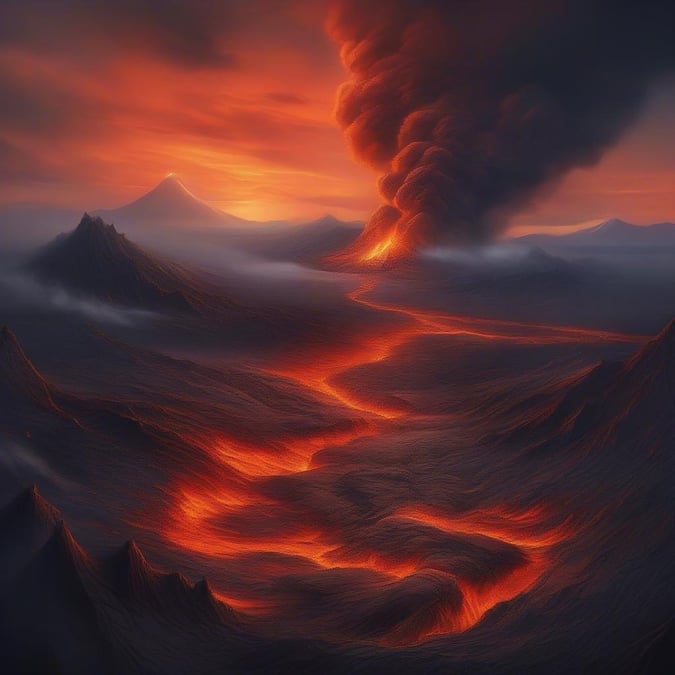 A fiery landscape where earth, sky, and sea collide in an inferno of natural drama.