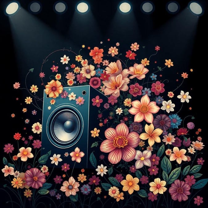 A vibrant music-themed wallpaper featuring a speaker, flowers, and colorful decorations.