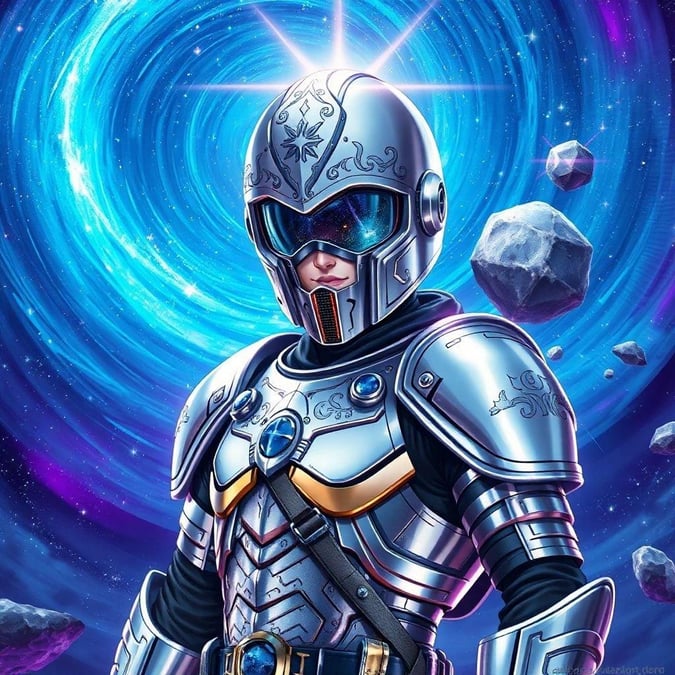 Immerse yourself in the world of anime with this stunning wallpaper featuring a space pirate in silver armor, standing before a mesmerizing vortex of starlight.